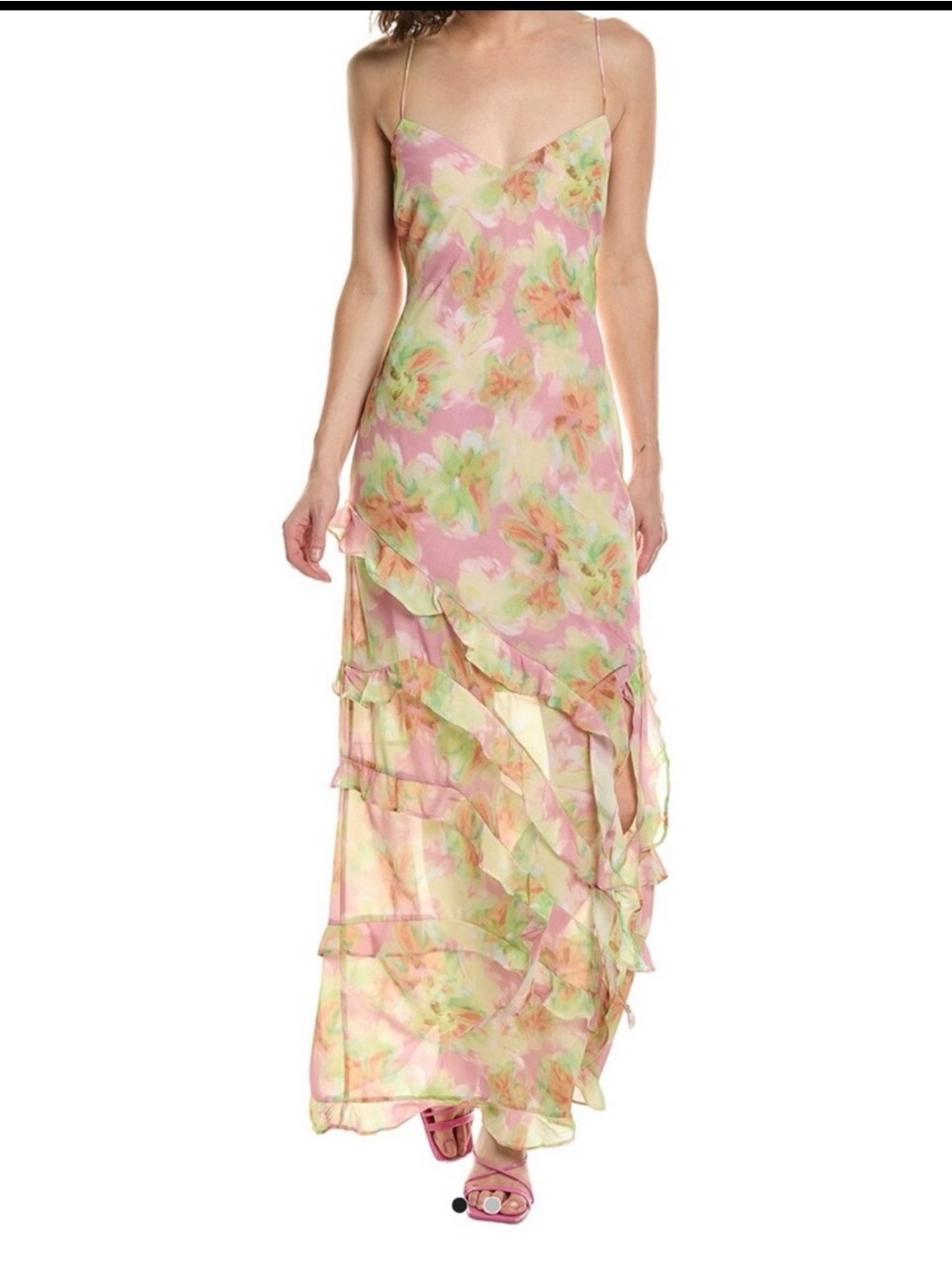 Bardot Pastel Floral Slip Maxi Dress with Ruffle Hem and Slit - Picture 2 of 16